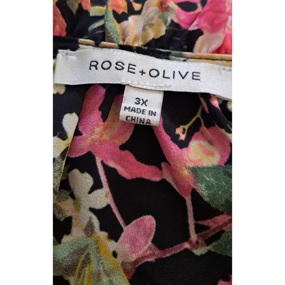3XL Rose+Olive Black Floral‎ Ruffel Short Sleeve Top With Tassel Tie - Picture 7 of 7